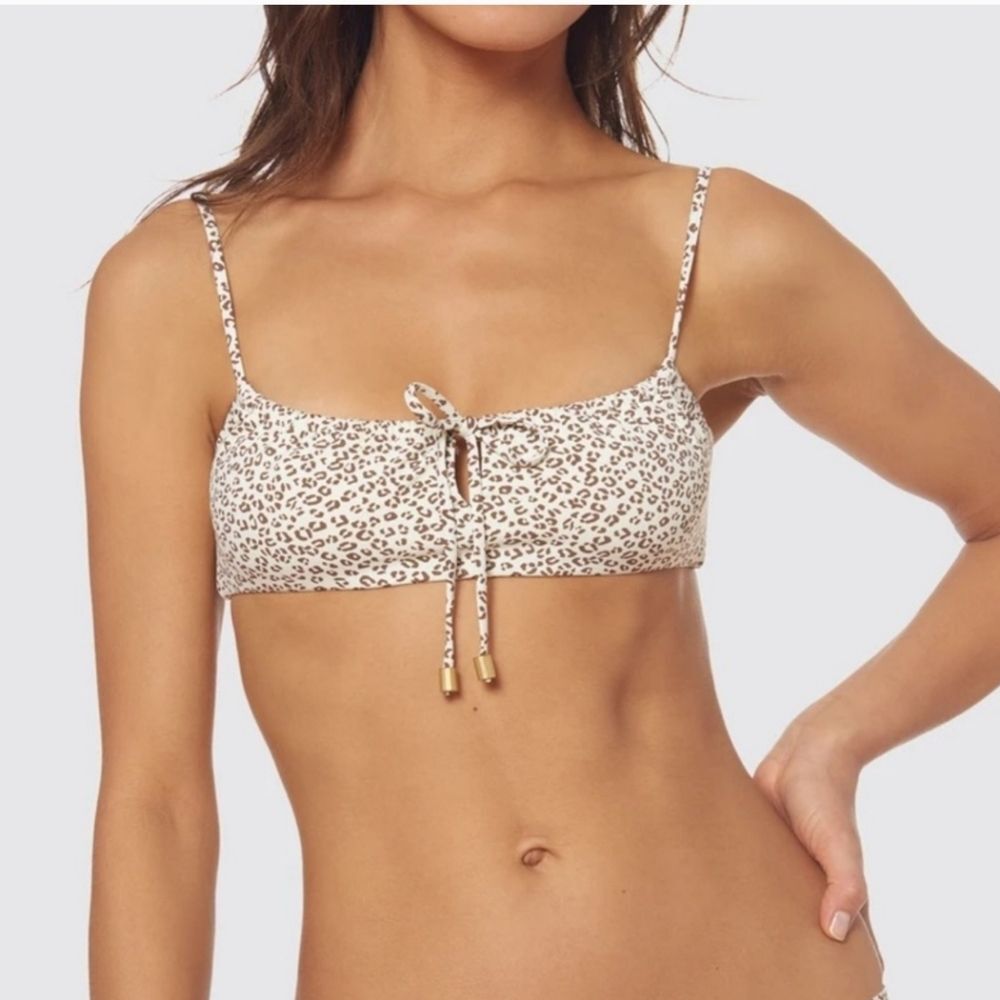 Dolce Vita Animal Print Bikini Top Size XS Ivory Brown Tie Front NEW $70